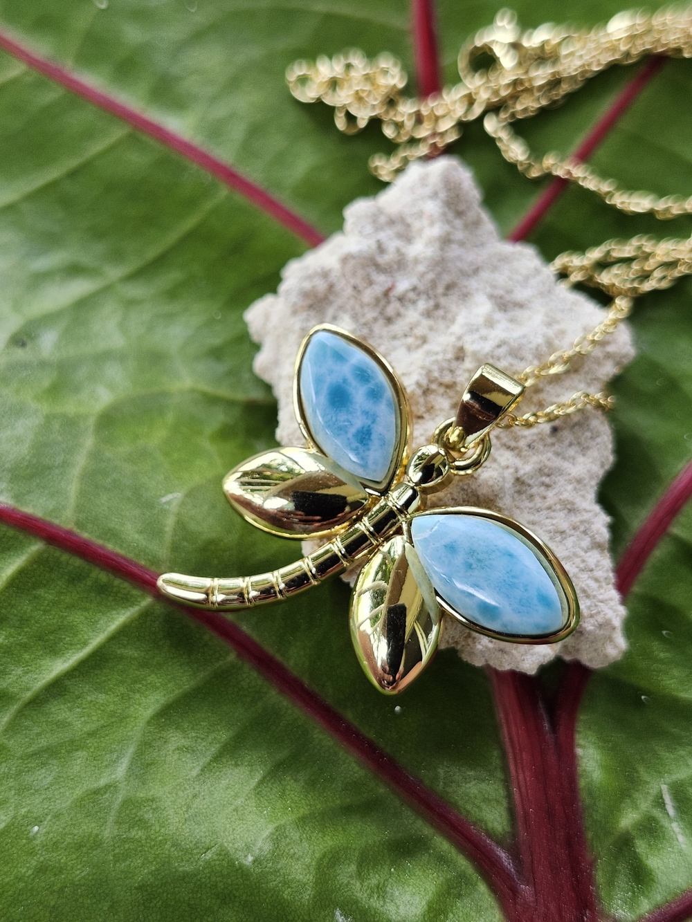 Gold Dragonfly Pendant Necklace with Light Blue Stone